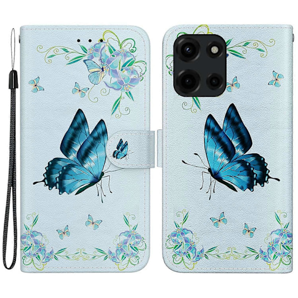 Til Motorola Moto G 5G (2025) Wallet Telefon Cover Anti-Drop Læder Flip Cover Mønster Print Multicolor Blue Butterfly Flower