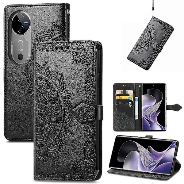 Til vivo V40 5G Etui Mandala Præget Design Læder Wallet Telefon Cover - Grå Multicolor Black