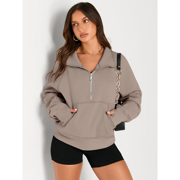 Damtröjor Halv dragkedja Cropped Pullover Fleece Quarter Zipper Huvtröjor Höstkläder Kläder Tumhål Coffeegrey Small