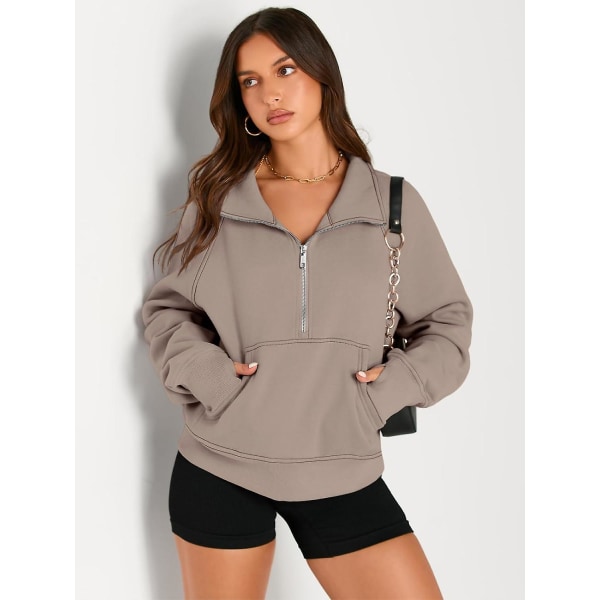 Damtröjor Halv dragkedja Cropped Pullover Fleece Quarter Zipper Huvtröjor Höstkläder Kläder Tumhål Coffeegrey X-Small