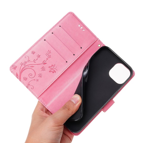 För Iphone 15 Plus Pu Läder Cover Phone case Imprinted Butterflies Shell Stand with rem Pink