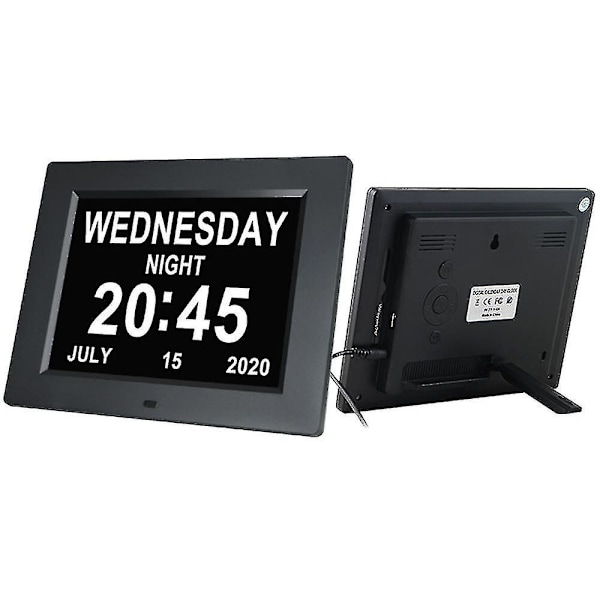 Digital kalenderväckare Dagklocka med 8" stor skärm, Am Pm, 5 väckarklockor, demensklockor Led elektronisk skrivbordskalender Äldre väckarklocka Perpet Black