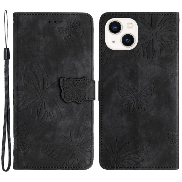 Imprinted Butterflies phone case för Iphone 15, skin-touch Pu läder cover med rem Black