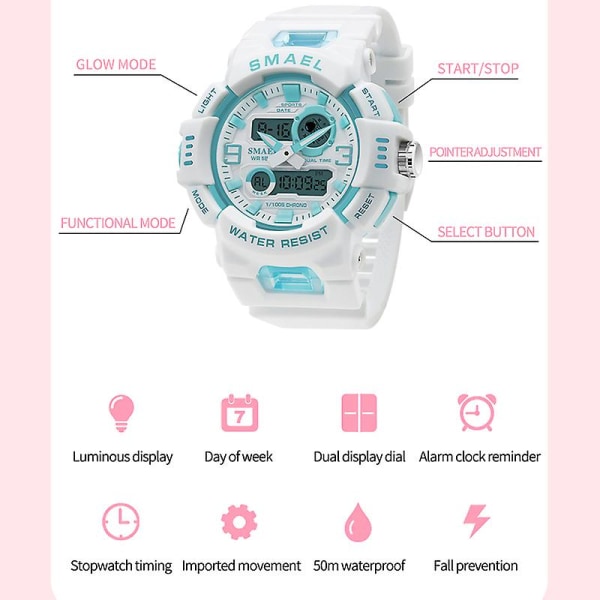 Watch Quartz Smael Sportklockor 50m Vattentäta Armbandsur Dual Time Fashion White Clock 8083 Damklockor Digital BLUE