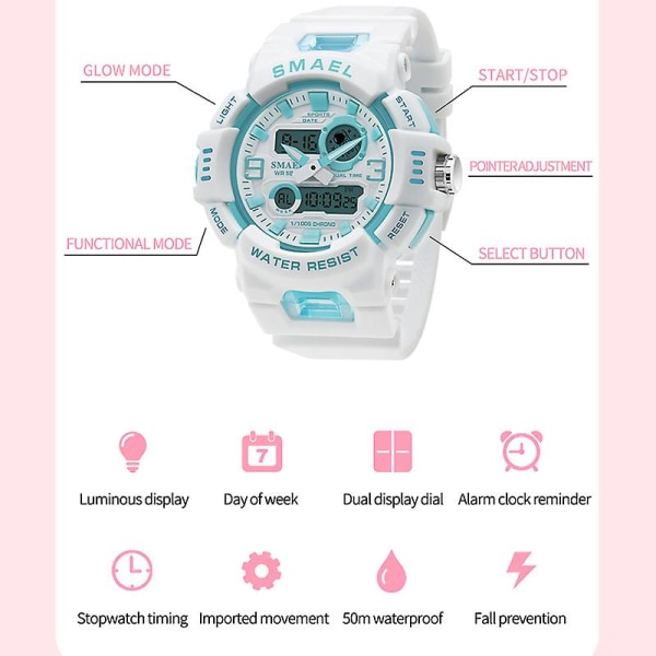 Watch Quartz Smael Sportklockor 50m Vattentäta Armbandsur Dual Time Fashion White Clock 8083 Damklockor Digital GREEN