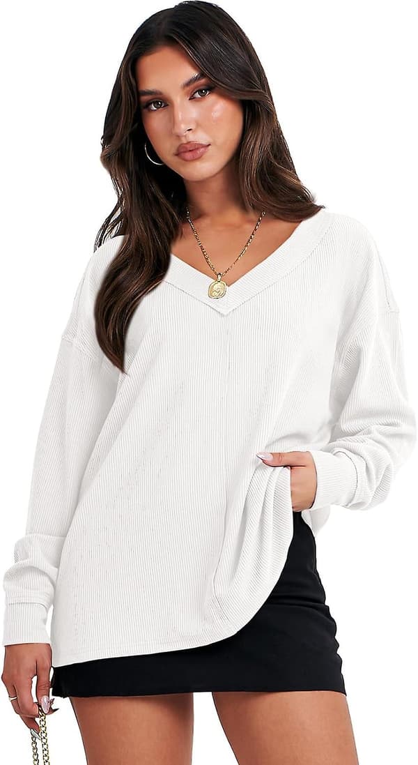 Dame Langærmet Skjorte V-hals Off Shoulder Oversized Strikket Pullover Sweatshirt Løs High Low Efterårs Tunika Toppe White Large