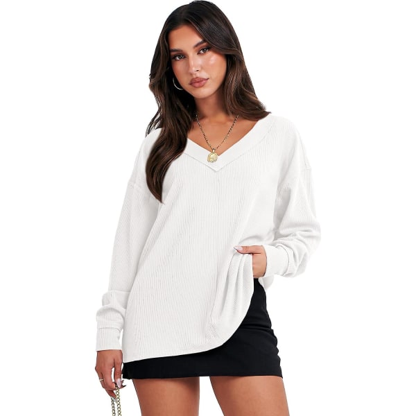 Naisten pitkähihainen paita V-kaula-aukko Olkapäät paljaana Ylisuuri neulepusero Löysä High Low Syksy Tunika Topit White Large