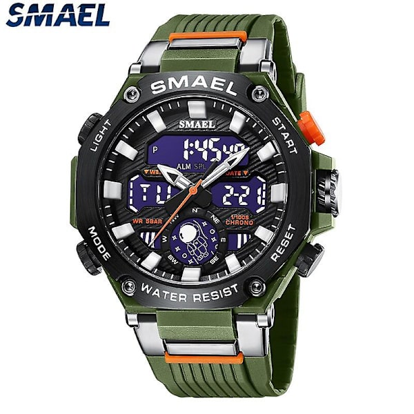Quartz Armbandsur Sport Smael Military Army Clock Alarm Dual Display Led Electronic Watch 8069 Vattentäta klockor för män GREEN