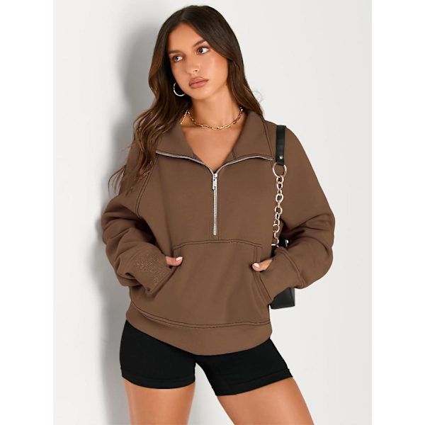 Damtröjor Halv dragkedja Cropped Pullover Fleece Quarter Zipper Huvtröjor Höstkläder Kläder Tumhål Brown Small