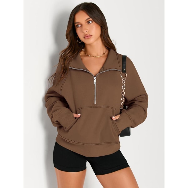Damtröjor Halv dragkedja Cropped Pullover Fleece Quarter Zipper Huvtröjor Höstkläder Kläder Tumhål Brown X-Small