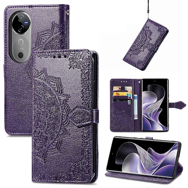 Til vivo V40 5G Etui Mandala Præget Design Læder Wallet Telefon Cover - Grå Multicolor Purple