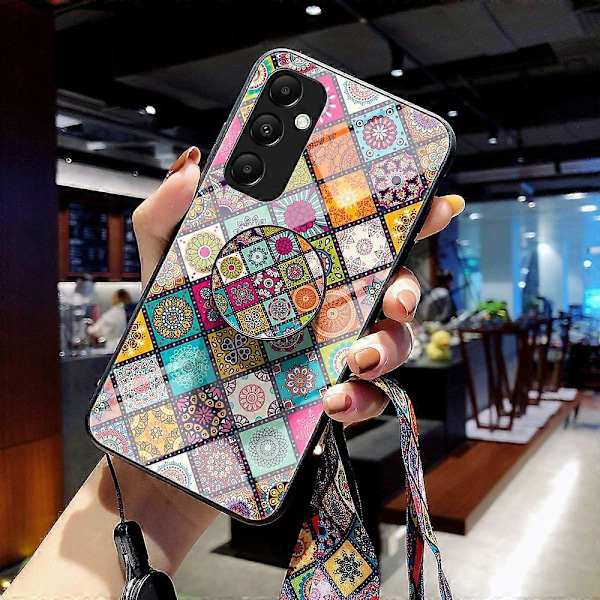 Til Samsung Galaxy A35 5G Støtteben Etui Hærdet Glas+PC+TPU Telefon Cover Multicolor Checkered Pattern