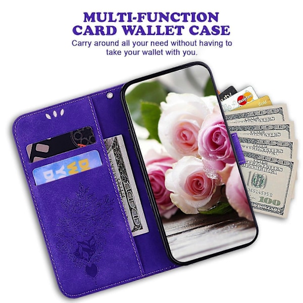 Stand Wallet Læder Etui til Nokia C32, Rose Sommerfugl Præget Fuld Beskyttelse Telefon Cover - Grøn Multicolor Purple
