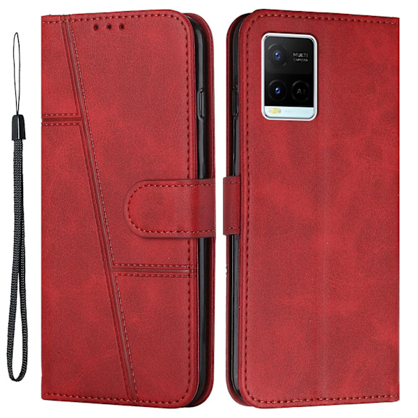 Til Vivo Y33s / Y21s / Y21 Foldbart Stativ Syning Pu Læder Etui Stativ Magnetisk Lukning Stødsikkert Flip Folio Bog Cover Med Rem Red