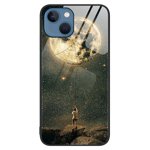 IPhone 15 Plus -puhelimen kuvioitu takakuori karkaistusta lasista + PC + TPU -hybridikuori Moon