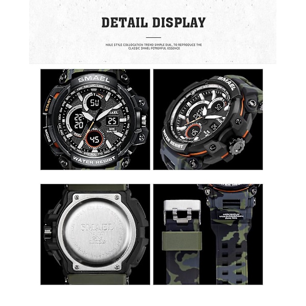 Smael Camouflage Military Watch Herr Vattentät Dual Time Display Herr Sportarmbandsur Digital Analog Quartz Watches Man 1708 Blue