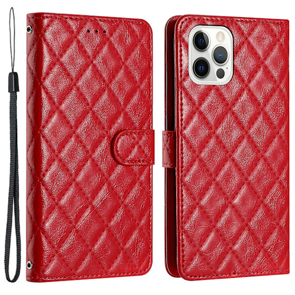 Stødsikkert Rhombus Syning Læder Etui med Pung og Støttefod til iPhone 15 Pro Red