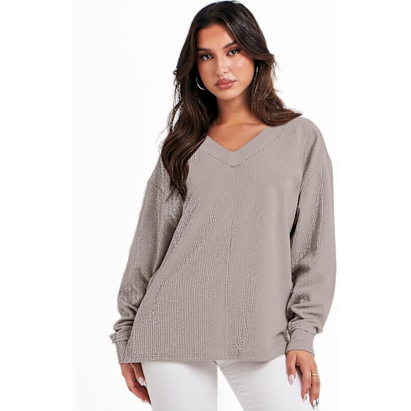 Dam långärmad skjorta V-ringad off-shulder Oversized stickad tröja lös hög låg höst tunika toppar Grey Apricot Large