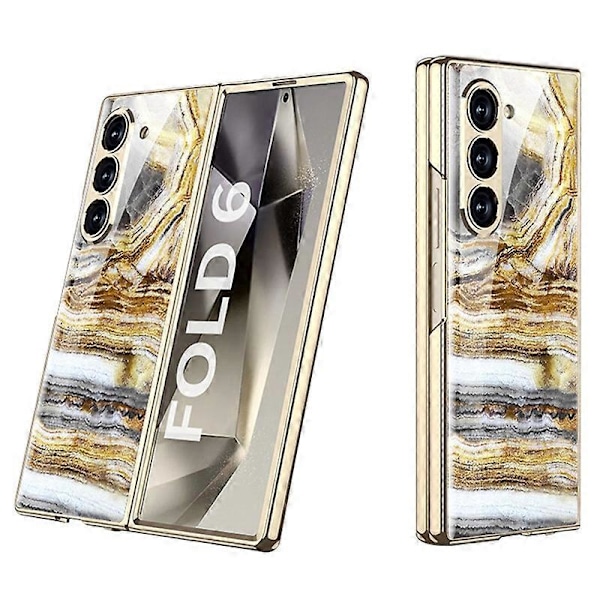 GKK Etui til Samsung Galaxy Z Fold6 5G Elektroplettering Marmormønster Hærdet Glas+PC Telefoncover Multicolor Style E