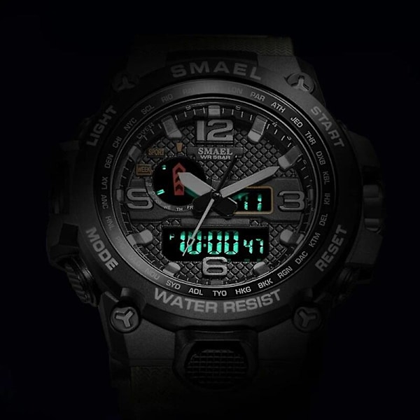 Smael New Sport Watch Herr 50m Vattentät klocka Alarm Reloj Hombre 1545d Dual Display Armbandsur Quartz Military Watches For Herr CamoKhaki