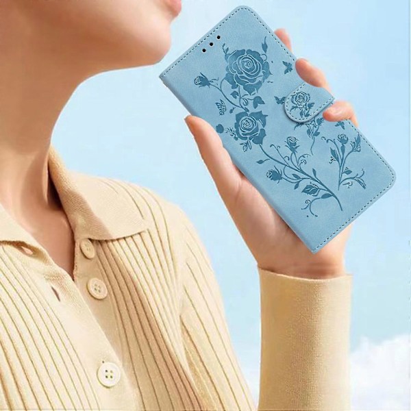Til Samsung Galaxy A54 5G Wallet Case Rose Mønster Præget Læder Flip Stand Telefon Cover Multicolor Sky Blue