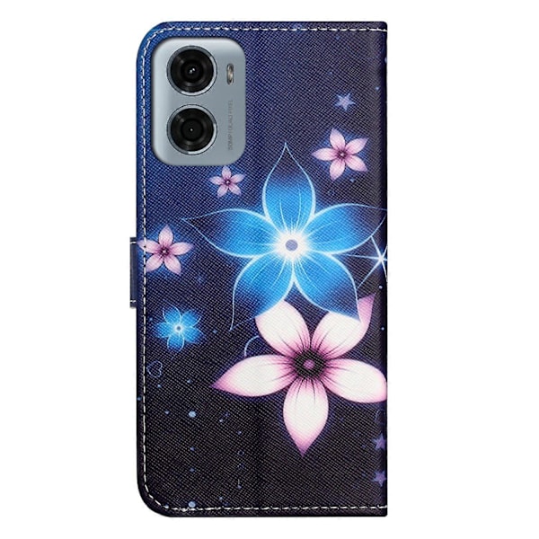Motorola Moto E15 4G/G05 4G -kotelo, kuvioitu PU-nahkainen lompakkokotelo, ristikkäinen tekstuuri - Panda Multicolor Blue Flower