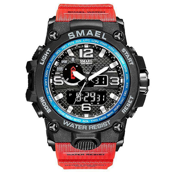 Smael Herre Sportsur 50m Vandtæt Stødsikkert Ur Alarm Dual Display Lysende Quartz Armbåndsur Red