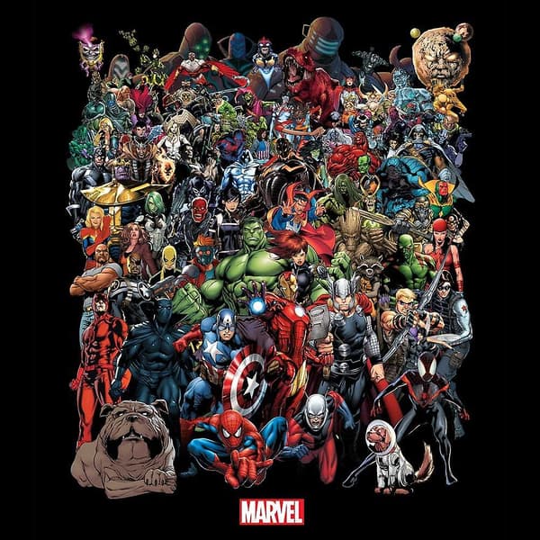 Marvel Comics Collage av alla Marvel Universe Characters Vuxen T-shirt Tee Black L