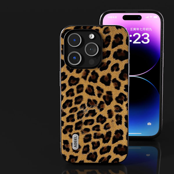För Iphone 15 Pro Max Leopard Mönster Phone case Pu Läder + PC + Tpu Slim Cover Gold