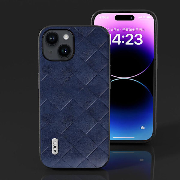 För Iphone 15 Plus Pu Läderbelagd Pc+tpu Phone case Grid Texture Cover Blue