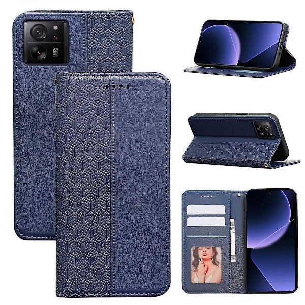 För Xiaomi 14T Plånboksfodral Stark Magnetisk Rutmönstrad Prägling Läder Flip Cover - Grön Multicolor Blue