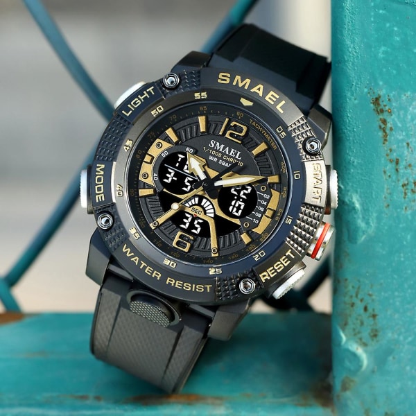 Smael Dual Time Digital Watch För Män Militär Sport Kronograf Quartz Armbandsur Beige Armband Med Datum Elektronisk Klocka Hane Black Golden