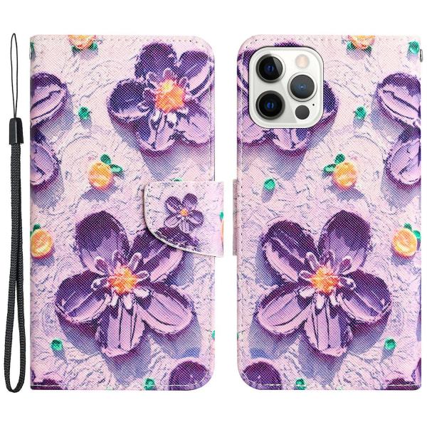 För Iphone 15 Pro Pu Cover Mönster Utskrift Flip Wallet Phone case med rem Purple Flower