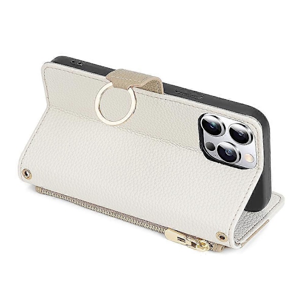PU læder ringholder telefoncover med pung, stativ og fuld beskyttelse til iPhone 15 Pro med makeup-spejl Multicolor Style C