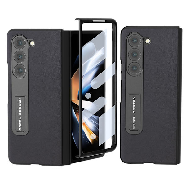 Til Samsung Galaxy Z Fold5 5g Tekstureret Pu Læderbelagt Pc Etui Støtteben Foldbart Telefoncover Black