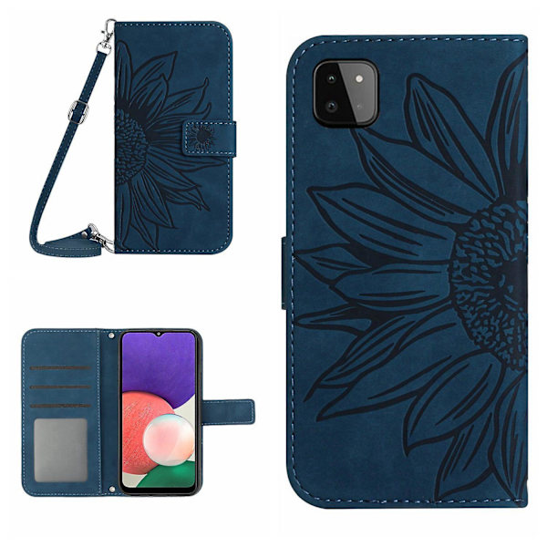 Til Samsung Galaxy A22 5g (EU Version) Ht04 Præget Solsikke Pu Læder Smartphone Cover Stativ Stødsikker Hud-venlig Telefon Wallet Etui Med Skulderrem Dark Blue