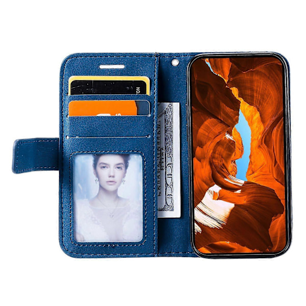 Plånboksfodral för iPhone 14 med skarvat läder, stativ och handrem Multicolor Style A