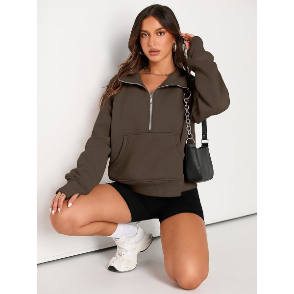 Damtröjor Halv dragkedja Cropped Pullover Fleece Quarter Zipper Huvtröjor Höstkläder Kläder Tumhål Coffee X-Large