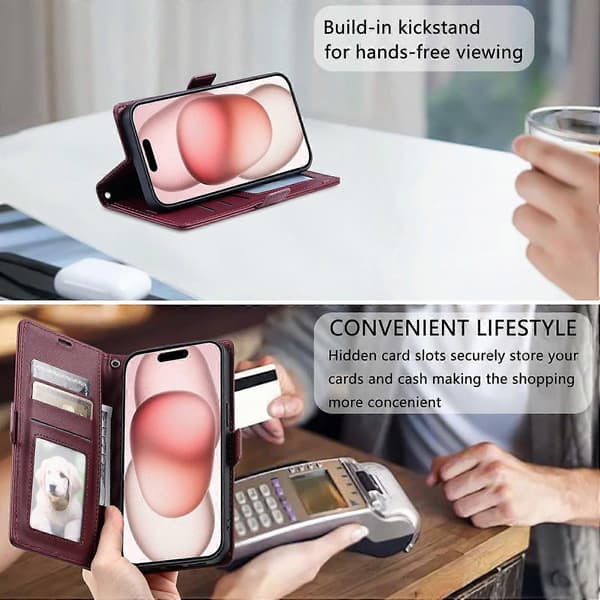 Lærveske med rombemønster, lommebokstativ og håndleddsstropp til iPhone 16 Plus Multicolor Wine Red