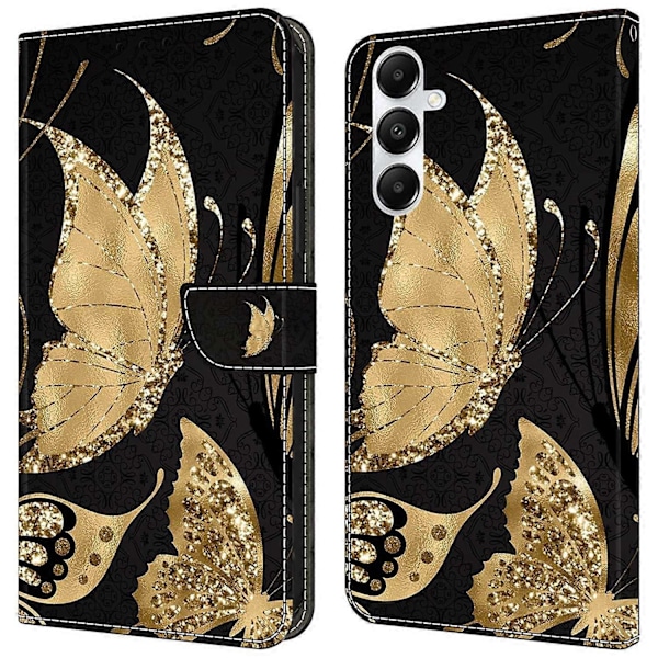 Til Samsung Galaxy A55 5G Mobiltelefon Etui Trykt 3D Mønster Stativ Læder Cover Multicolor Golden Butterfly