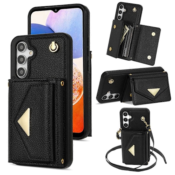 Samsung Galaxy A14 5G/A14 4G -kotelo, korttipidike, jalusta, PU-nahka+TPU-suojus olkahihnalla Multicolor Style B