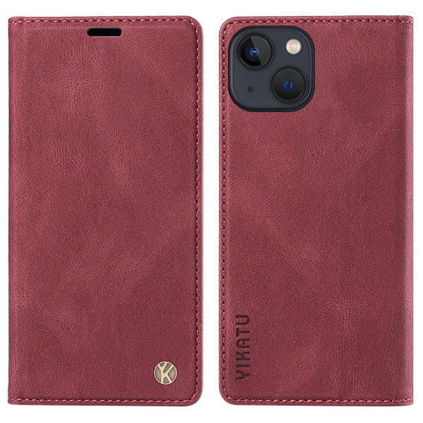 Skin-touch case för Iphone 15 Plus Pu läder plånboksställ Cover Wine Red