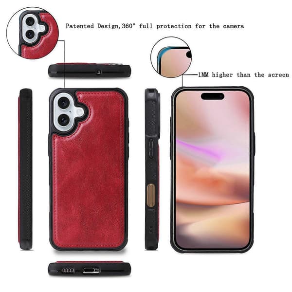 KT Multi-Functional Series-3 Deksel til iPhone 16 Plus PU-Lær Glidelås Lommebok Avtakbart Deksel Multicolor Red