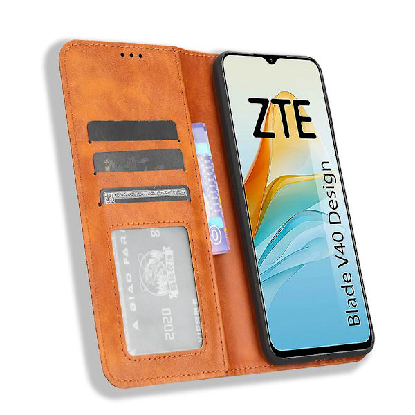 För Zte Blade V40 Design Pu Läderställ Phone Case Retro Cover Brown