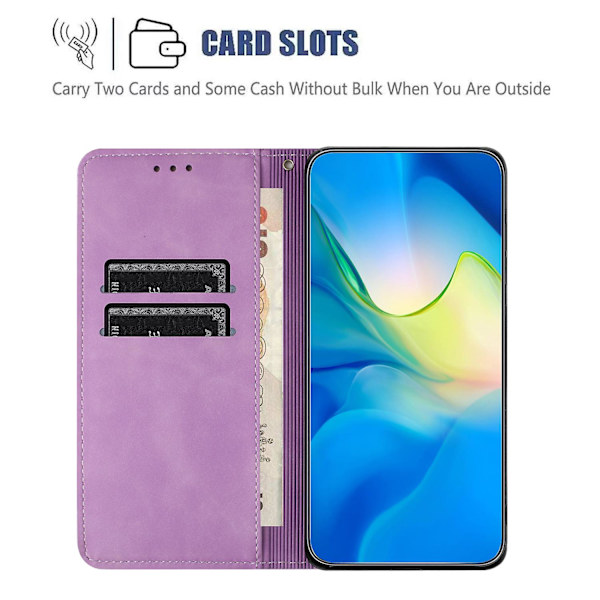 Wallet Case til iPhone 15 Pro Max PU Læder Retro Blomsterpræget Stand Telefon Cover Purple