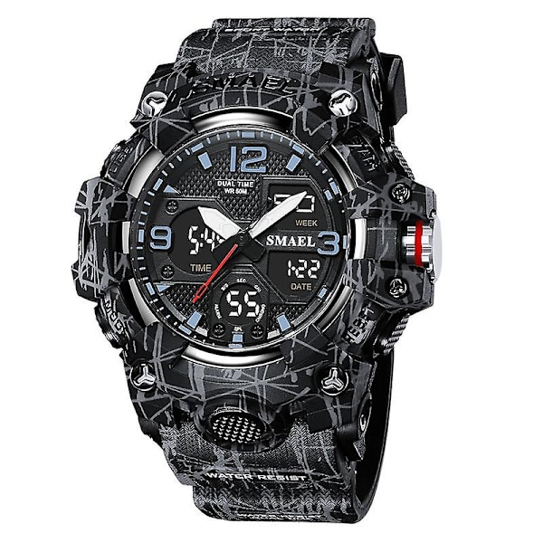 Smael Dual Time Watch För män Mode Vattentät Quart Digital Armbandsur Väckarklocka Led Bakgrundsbelysning Kalenderklockor 8008 Camo Black