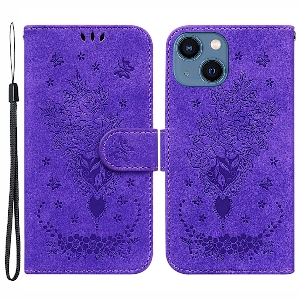 Rose Sommerfugl Preget Lærveske For Iphone 15, Stativ Lommebok Beskyttende Telefondeksel Purple