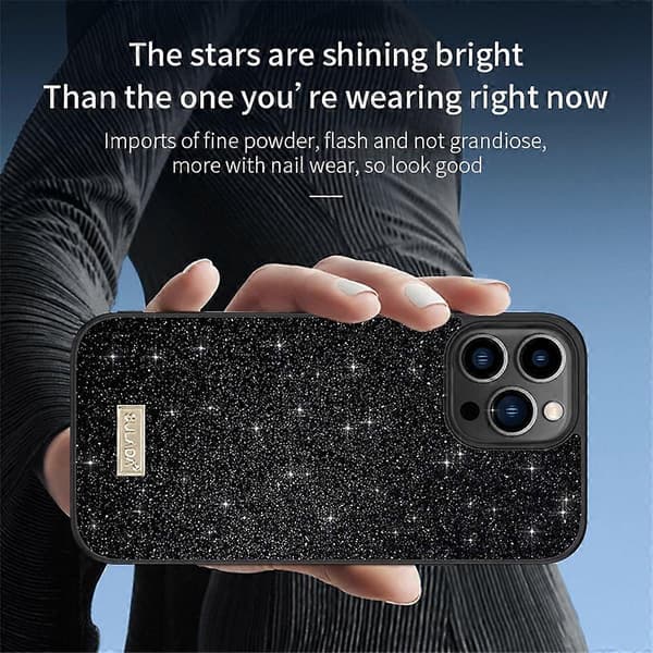 SULADA Deksel til iPhone 16 Pro PU Lær+PC+TPU Glitter Paljetter Bakside Deksel- Multicolor Black
