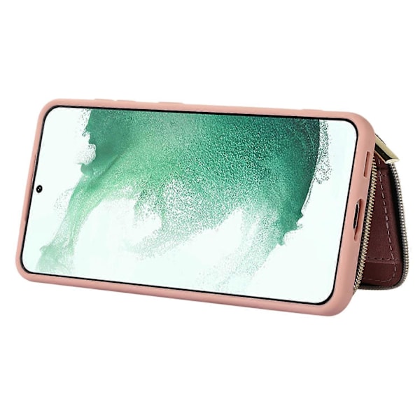Wallet Telefon Cover til Samsung Galaxy S22 5G, Lynlås Design Cover Støtteben PU Læder+TPU Skal Multicolor Style D