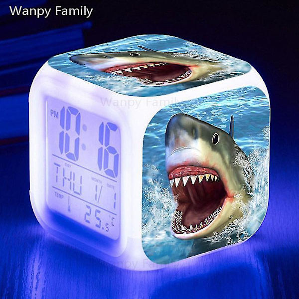 Shark Alarm Clock 7-färgad glödande digitala klockor Barn Baby Sovrum Multifunktion Små nattljus B Clear